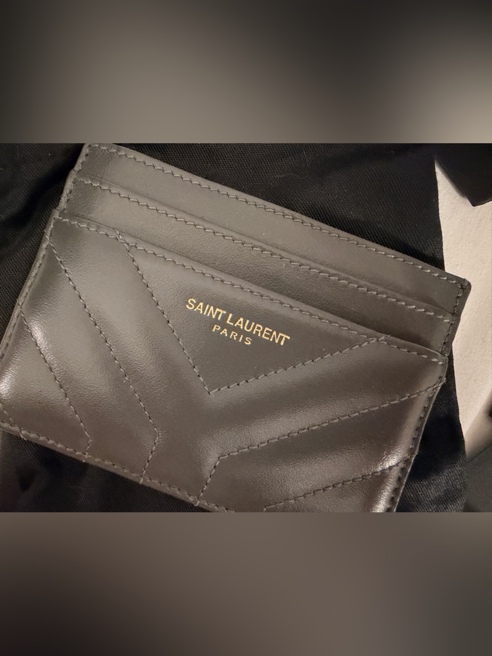 Saint Laurent Gray Quilted Leather Card Case with Gold Logo